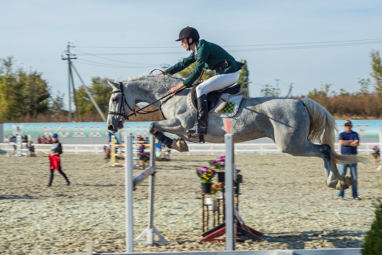 A thrilling moment of a rider and horse mid-jump at a showjumping competition.